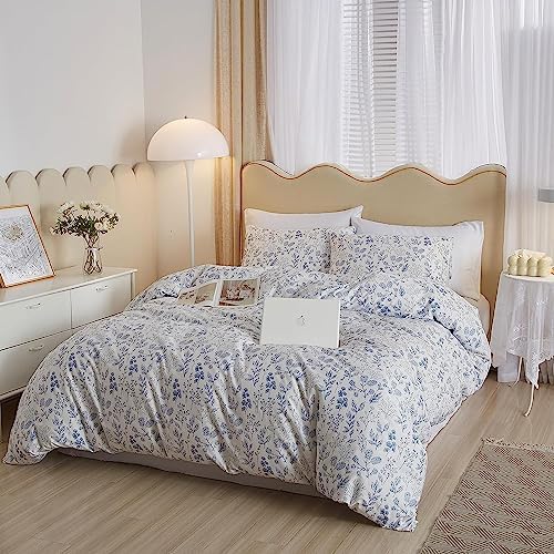 LifeTB Boho Floral Duvet Cover Twin Soft Cotton Blue Floral Bedding Sets Vintage Style Chic Flower Botanical Aesthetic Floral Comforter with Zipper Closure Twin(68''x86'')