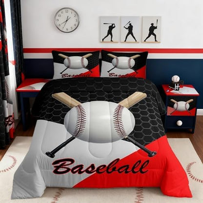 Castle Fairy Teens 3D Baseball Comforter Set Full Size,Ball Sports Game Lovers Bedding Set for Kids Boys Adult Bedroom Decoration,Geometric Bed Duvet Insert,Black Gray Red Comforter with 2 Pillowcase