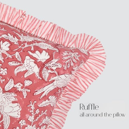 CPC Block Print Pink Coral Ruffle Cotton Lumbar Pillow Cover 12x20 inch