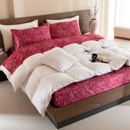 QSH Floral King Size Sheet Sets - 100% Egyptian Cotton Floral Bedding Sheets Red Flower Pattern Botanical Printed Bedding King Size Bed Sheets 17.5" Extra Deep Pocket 4pcs