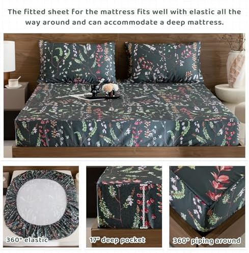 QSH Floral Egyptian Cotton Sheets Queen Size - Elegant Navy Botanical Pattern Printed Bedding Sheets Queen Size Bed Extra Soft and Breathable 4pcs Deep Pockets Bed Sheets