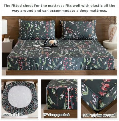 QSH Floral Egyptian Cotton Sheets Queen Size - Elegant Navy Botanical Pattern Printed Bedding Sheets Queen Size Bed Extra Soft and Breathable 4pcs Deep Pockets Bed Sheets