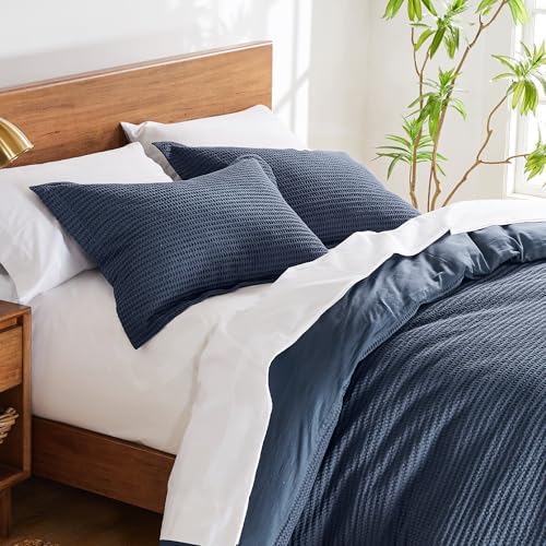 Levtex Home Cloud Waffle Full/Queen Comforter Set (90x94in) with 2 Pillow Shams (26x20in) - Solid Waffle Cotton Texture - Navy - 100% Cotton Full/Queen Size Comforter Set - Soft, Pre-Washed