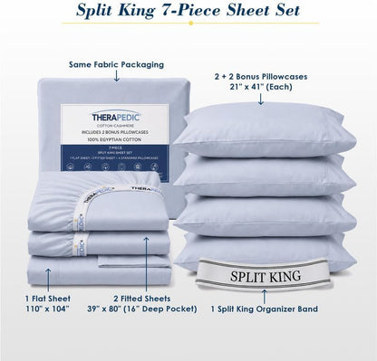 Therapedic 100% Egyptian Cotton 7 Piece Split King Sheets Set (Light Blue)