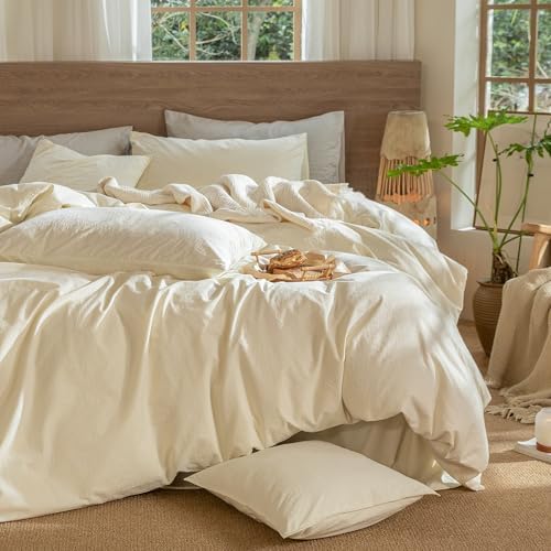 MooMee Wavy Striped Duvet Cover Set 100% Washed Cotton Linen Like Textured Breathable Durable Soft Comfy (Cream White, Twin 68"x90")