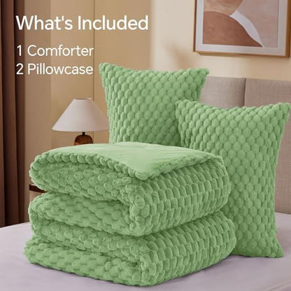BEDELITE Fluffy Queen Comforter Set, Grass Green Fleece Bed Set 3 Pieces