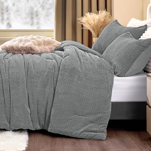 ChiXpace Fleece King Size Comforter Set Light Grey, Fluffy Bed Set 3 Pieces