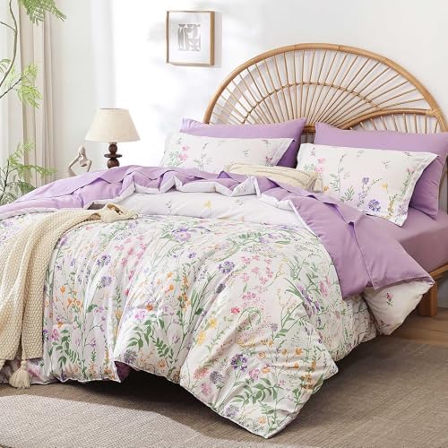 Yiran Floral Comforter Set Twin Size,7 Piece Cute Flower Pattern for Women Teen Girls,Soft Lightweight Purple Coquette Bedding Aesthetic Cottagecore Bed for All Season