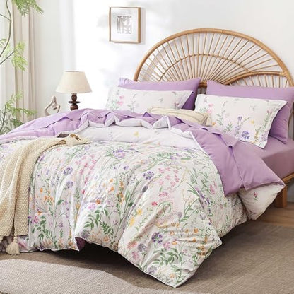 Yiran Floral Comforter Set Twin Size,7 Piece Cute Flower Pattern for Women Teen Girls,Soft Lightweight Purple Coquette Bedding Aesthetic Cottagecore Bed for All Season