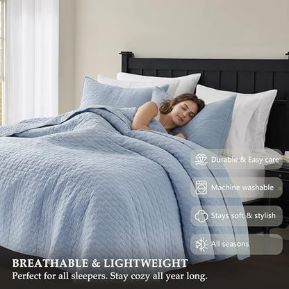 PALASSIO Baby Blue 100% Cotton Quilt Queen Size Bedding Sets with 2 Pillow Shams, Textured Lightweight Soft Bedspread Shabby Chic Coverlet, Neutral Quilted Comforter Bed Cover for All Season, 3 Pieces