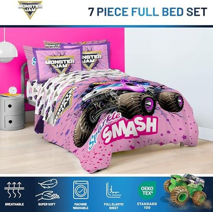 Monster Jam Full Comforter Set 7 Piece Kids Bedding for Girls, Pink
