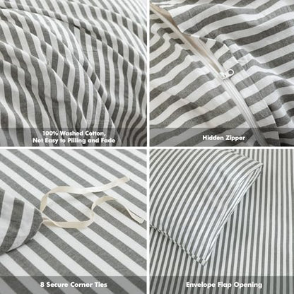 FOSSA Striped Duvet Cover Set 100% Washed Cotton Linen Feel Queen