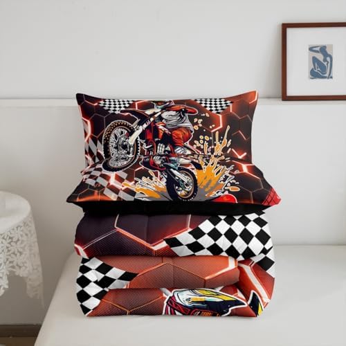 Racing Motorcycle Bedding Sets for Boys Girls,Orange Neon Lights Honeycomb Comforter Set King Dirt Bike Motocross Quilt Geometric Beehive Duvet Insert,Black White Grid Lattice Buffalo Plaid Decor