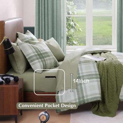 Plaid Queen Comforter Set Green 7 Pieces Bed in a Bag for Boys Girls Teen
