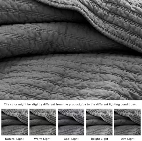 WDCOZY 100% Cotton Queen Size Quilt Set, Channel Pick Stitch, Grey