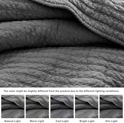 WDCOZY 100% Cotton Queen Size Quilt Set, Channel Pick Stitch, Grey