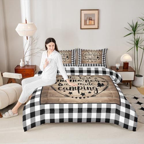 Happy Camping Comforter Set King Size,Camper RV Trailer Decor Bedding Set 3pcs for Kids Boys Girls Adults,Rustic Wooden Plank Geometric Grids Down Comforter,Brown Retro Duvet Insert,2 Pillowcases