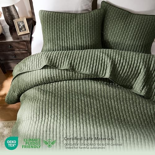 WDCOZY Olive Green Cross Stitch California Cal King Size Quilt Set, Oversized Striped Lightweight Soft Bedspread, Channel Farmhouse Rustic Coverlet, All Season Country Bedding, Thin Comforter