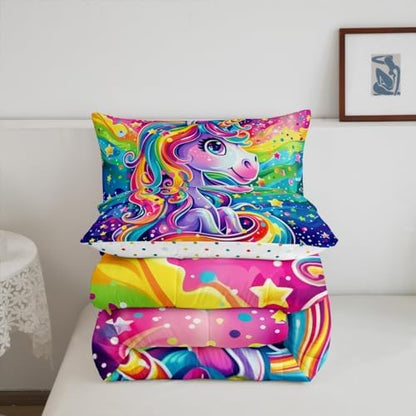 Rainbow Unicorn Comforter Sets Queen Size Cartoon Watercolor Unicorn Star Bedding Set for Kids Girls Boys Teens Bedroom Decor,Cute Animal Theme Duvet Quilt Soft Reversible Comforter 3 Pcs