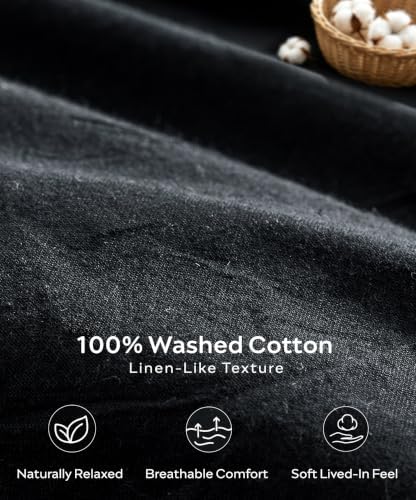 JELLYMONI 100% Washed Cotton Black Duvet Cover Twin, Linen-Like