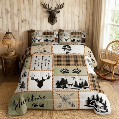 Camper Adventure Kids Comforter Set Full Size,Deer Antlers Bear Paws Farmhouse Bedding Set for Boys Girls Adults Room Decor,Arrows Plaids Patchwork Down Comforter,Rustic Duvet Insert,2 Pillowcases
