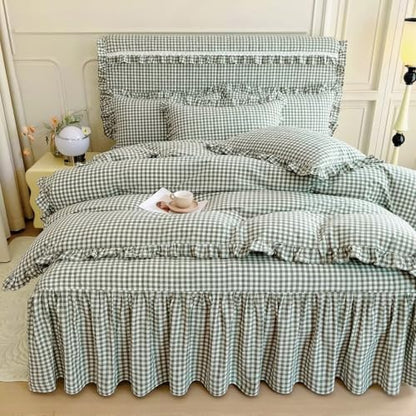 mixinni Vintage Green Gingham Ruffle Comforter Set 3-Piece Washed Cotton King Size Grid Bedding Set with Geometric Checkered Pattern, Farmhouse Chic Soft Fluffy Comforter for All-Season