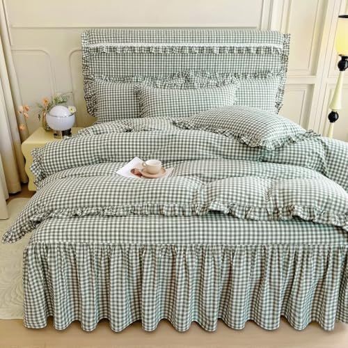 mixinni Vintage Green Gingham Ruffle Comforter Set 3-Piece Washed Cotton Queen Size Grid Bedding Set with Geometric Checkered Pattern, Farmhouse Chic Soft Fluffy Comforter for All-Season