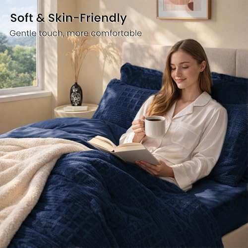 EXQ Home Waffle Comforter Set Twin Size, 2 Pieces Bed Set,Navy Blue