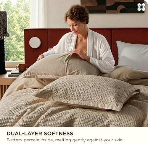 Bedsure PureWoven 3 Pieces 100% Cotton Waffle Duvet Cover Set, King, Khaki