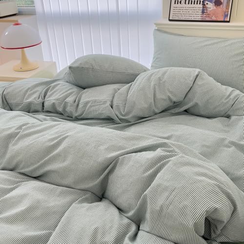mixinni Green Striped Duvet Cover Twin XL Size - 100% Washed Cotton Pinstripe Comforter Cover with Zipper Closure, Lightweight & Breathable, 3 Pieces Minimalist Stripes Pattern Printed Bedding Set