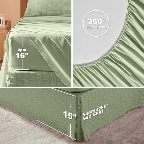 Laojin Balhen Queen Comforter Set 7 Pieces, Sage Green Seersucker Bed in a Bag Set Queen Size, All Season Luxury Bedding Sets with Comforter, Sheets, Pillowcase & Sham