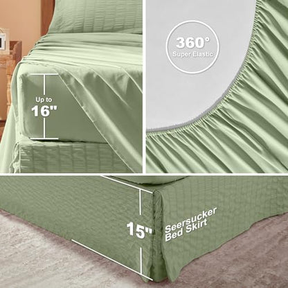 Laojin Balhen Queen Comforter Set 7 Pieces, Sage Green Seersucker Bed in a Bag Set Queen Size, All Season Luxury Bedding Sets with Comforter, Sheets, Pillowcase & Sham