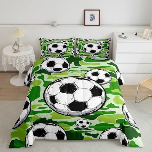 Castle Fairy Football Sports Comforter Set Queen Size for Kids Soccer American Ball Games Bedding Sets All Season Green Camouflage Quilt Set Bedroom Decor Hexagon Geometric Down Comforter,3Pcs