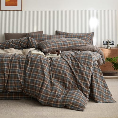 LifeTB Vintage Blue&Brown Plaid Duvet Cover Set Twin XL, 100% Washed Cotton Gingham Duvet Cover, Lightweight Soft&Breathable Retro Plaid Checkered Comforter Cover Grid Farmhouse Bedding Set