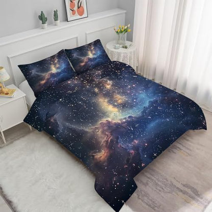 Galaxy Comforter Set Twin Size Space Bedding for Kids Girls Boys Starry Sky Cloud Glitter Stars Moon Bedroom Decor Quilt Bed Sets, 1 Comforter 1 Pillowcase