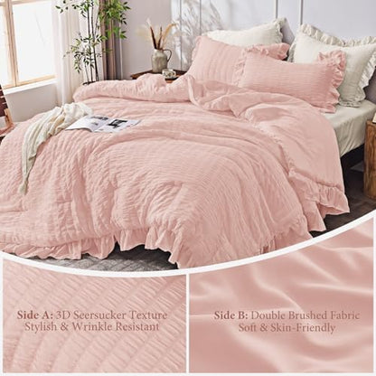 JOLLYVOGUE Rose Gold Queen Comforter Set, 3 Pieces Seersucker Comforters Queen Size, Lightweight & Fluffy Bedding Sets for All Season with 1 Ruffle Comforter and 2 Ruffle Pillowshams