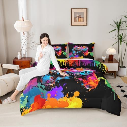 Watercolor Gamepad Comforter Set,Colorful Tid-dye Bedding Set for Kids Girls Women,Adults Modern Video Games Reversible Comforter,Hip-hop Style Quilted Duvet Set Bedroom Collection Twin Size 2Pcs