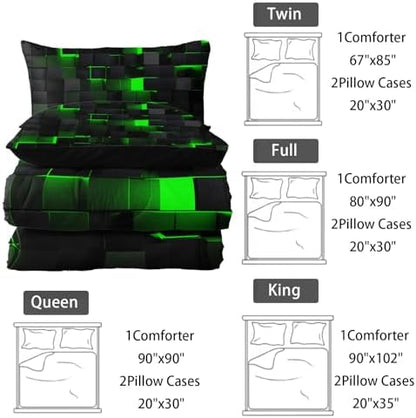 Nttopship Neon Green Black Comforter Set Full Geometric Kids Bedding Set,3 PCS Geometry Honeycomb Bed Set Modern Quilt Set 1 Comforter 2 Pillow Cases Cool Room Decor All Season B-Side Black