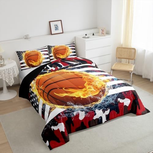 Erosebridal Basketball Comforter Set for Boys, American Flag Bedding Set Red Black Camouflage Duvet Sets Twin Size for Kids Teens Adult, Sports Games Gold Fire Down Comforter with 1 Pillow Case