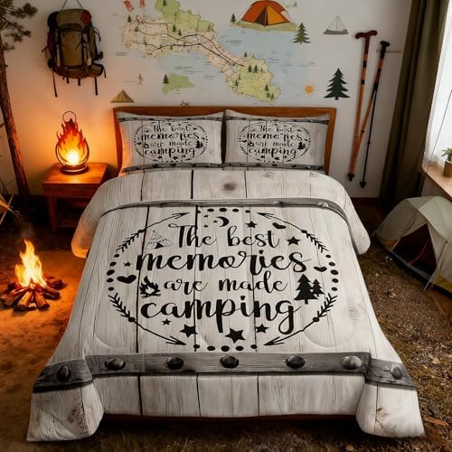 Camping Adventure Comforter Set Queen Size,Camper RV Trailer Decor Bedding Set 3pcs for Kids Boys Girls Adults,Retro Wooden Plank Cottage Down Comforter,Rustic Farmhouse Duvet Insert,2 Pillowcases