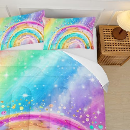 Cute Rainbow Twin Comforter Set for Girls，Pastel Tie Dye Rainbow Twin Bedding Set Kids，Galaxy Kids Bed Comforter Sets