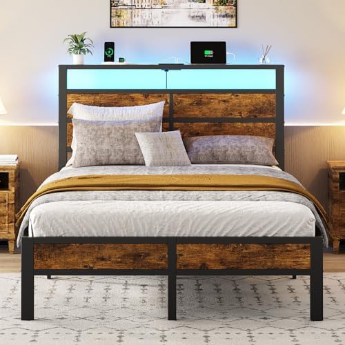 Liians Full Size Bed Frame, Full Bed with Charging Station Headboard and LED Lights, Platform Bed with Metal Slats, No Box Spring Needed, Noise Free, Easy Assembly