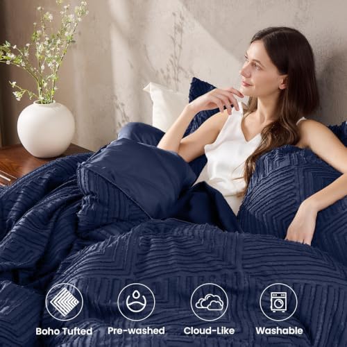 JOLLYVOGUE King Size Comforter Set, Boho Tufted 3-Piece Bedding Set, Navy