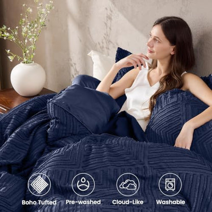 JOLLYVOGUE King Size Comforter Set, Boho Tufted 3-Piece Bedding Set, Navy