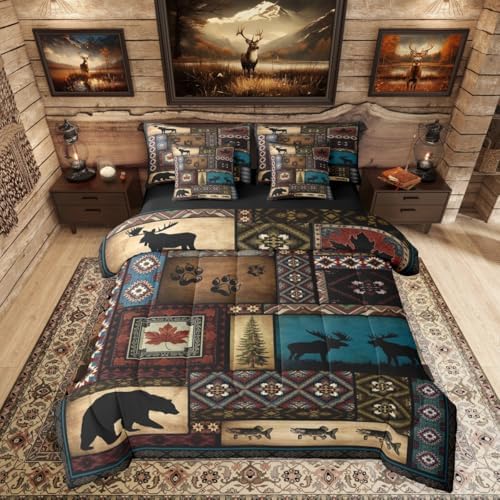 Rustic Cabin 7 Pieces Bedding Set King Size,Hunting Bear Deer Bed in a Bag,Southwestern Aztec Bed Set Includes Comforter,Sheet Set,Pillowcases & Pillow Covers,Farmhouse Tribal Bohemian Bedroom Decor