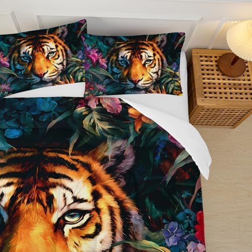 3Pcs Tiger Comforter Set Full Size Plants Colorful Flowers Print Bedding Set,3D Wild Animals Comforter Set for Kids Boys Girls Room Decor,Wildlife Theme Bedding Set
