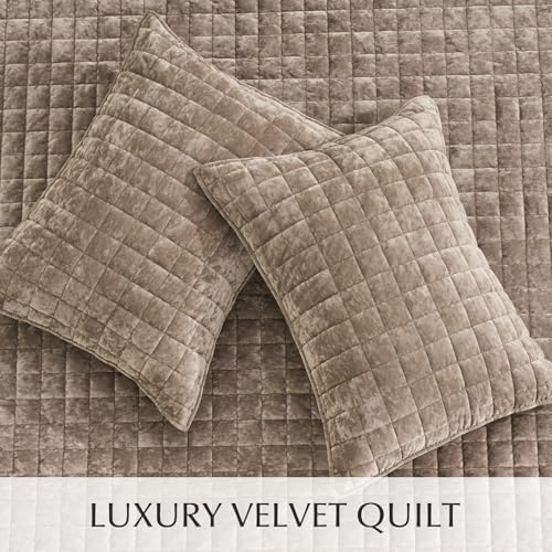 RECYCO Channel Box Stitch Velvet Quilt Set, Twin/Twin XL Size, Natural Tan