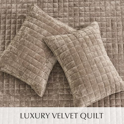 RECYCO Channel Box Stitch Velvet Quilt Set, Twin/Twin XL Size, Natural Tan