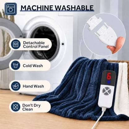 Heated Blanket Full Size, Soft Cozy Flannel Sherpa Electric Blanket with Fast Heating & Overheat Protection, Machine Washable Heating Blanket with Timer for Bed Camping Office, 72" x 84", Navy Blue