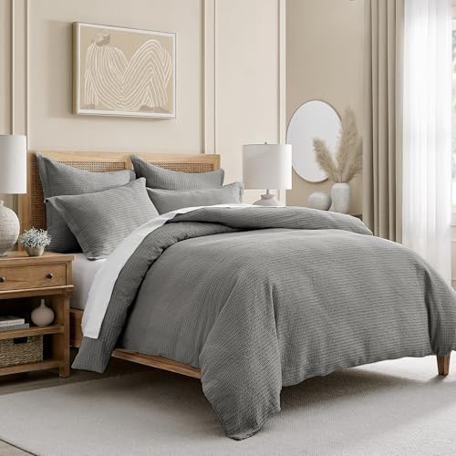 Levtex Home Cloud Waffle Full/Queen Comforter Set (90x94in) with 2 Pillow Shams (26x20in) - Solid Waffle Cotton Texture - Grey - 100% Cotton Full/Queen Size Comforter Set - Soft, Pre-Washed